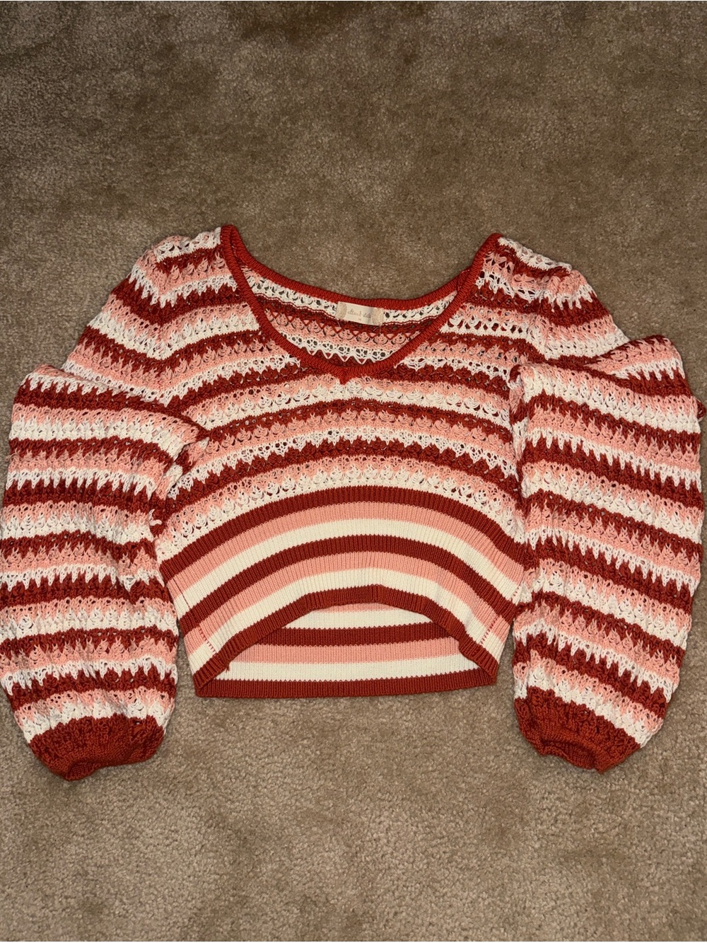 Altar'd State Crochet Knit Striped Cropped Balloon Sleeve Sweater NWT M